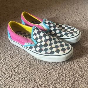 checkered vans, blue pink and yellow
